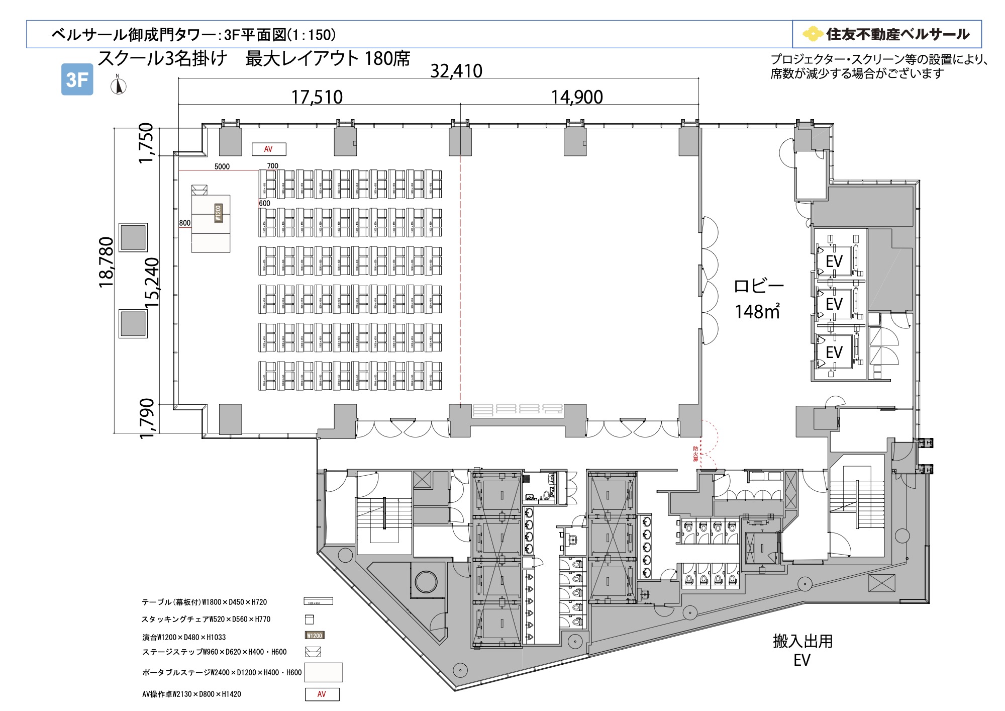 スクール3名掛け 180席