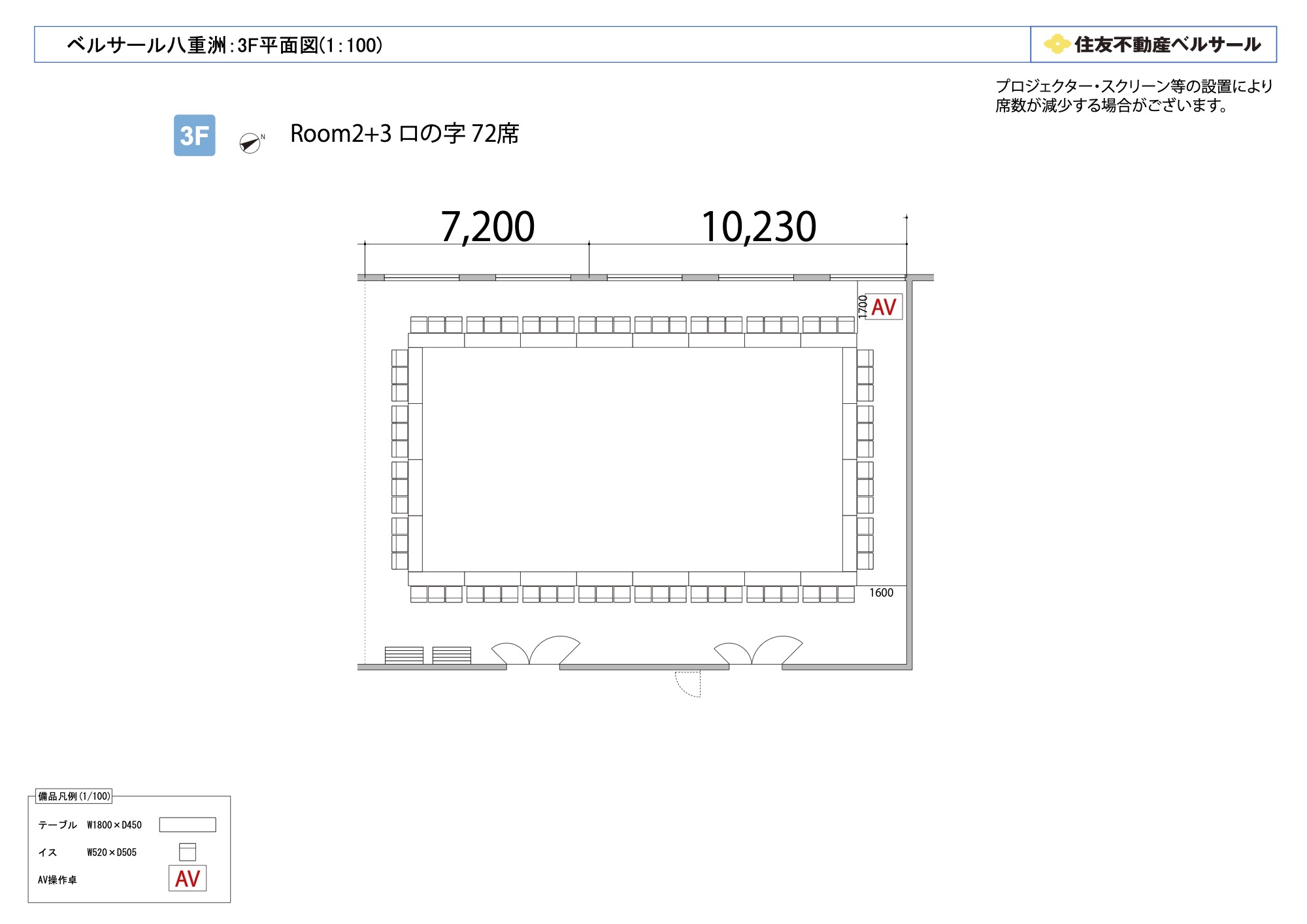 ロの字型 72席