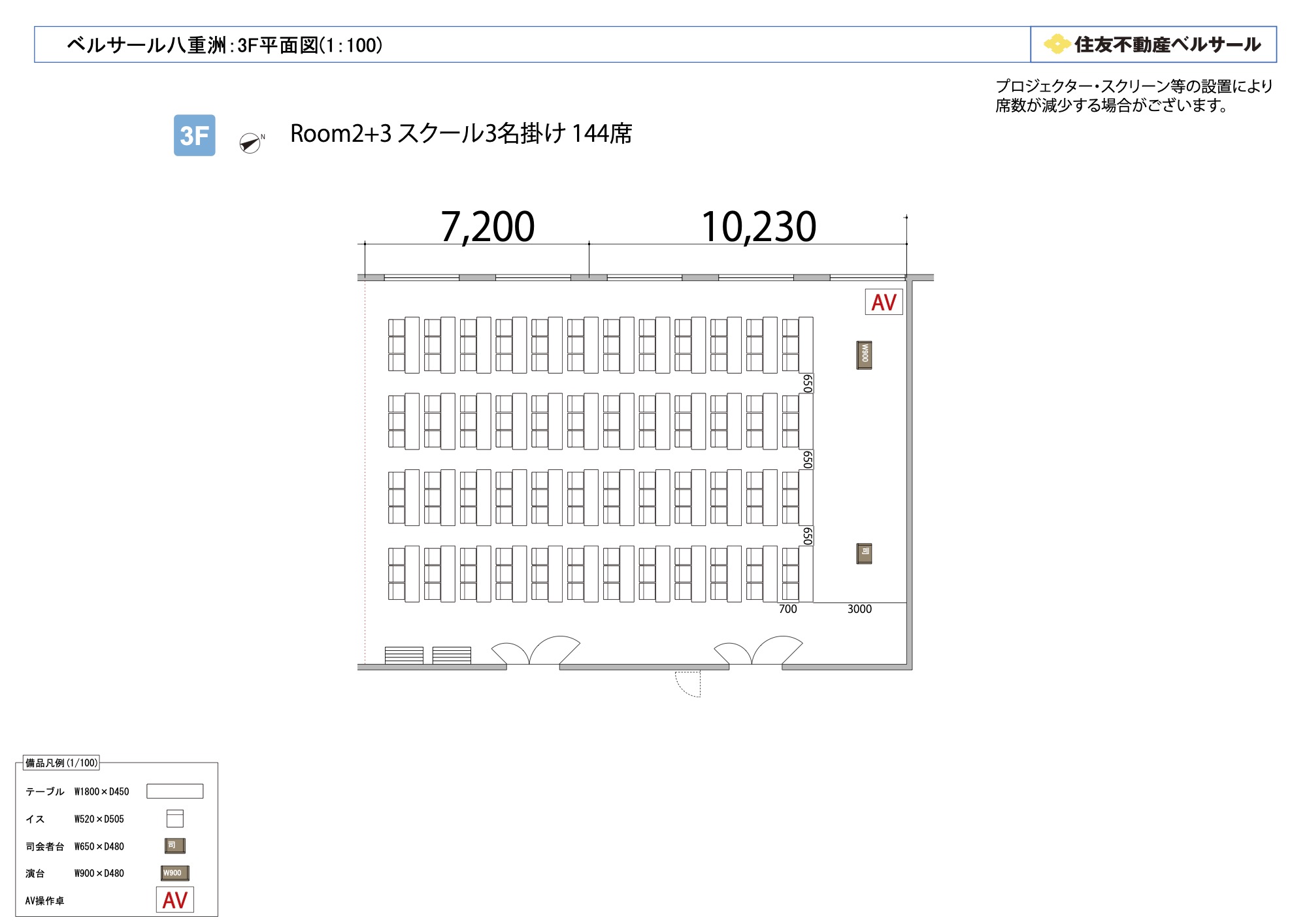 スクール3名掛け 144席