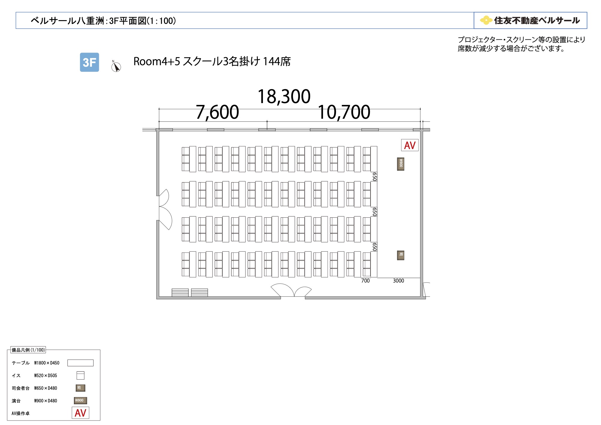 スクール3名掛け 144席